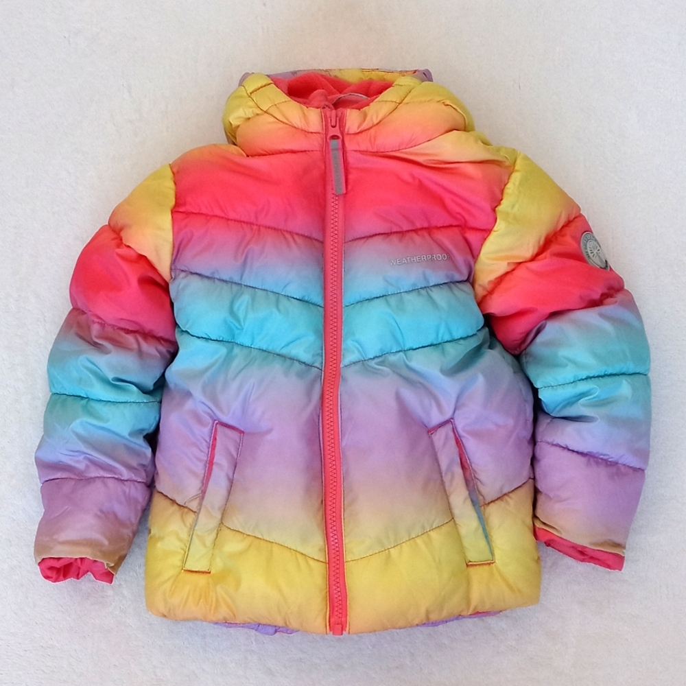Weatherproof Children’s Toddler Double Layered Rainbow Puffer Coat with Hood 4T
